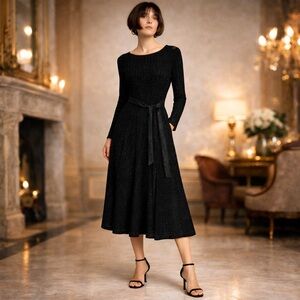 Elie Tahari Black Metallic Knit Midi Dress Belted Long Sleeve Size M/L